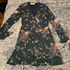 Floral, bell sleeve wrap dress